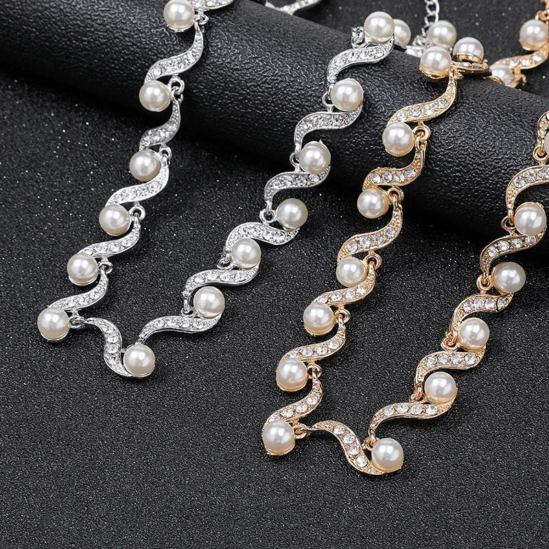 Pearl Necklace Earrings Two-piece Female Wedding Necklace Set Alloy