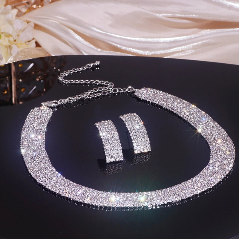 Sparkling Rhinestone Necklace Earrings Set for Women Silver Color Elegant Crystal Choker Necklace Bridal Wedding Jewelry Set