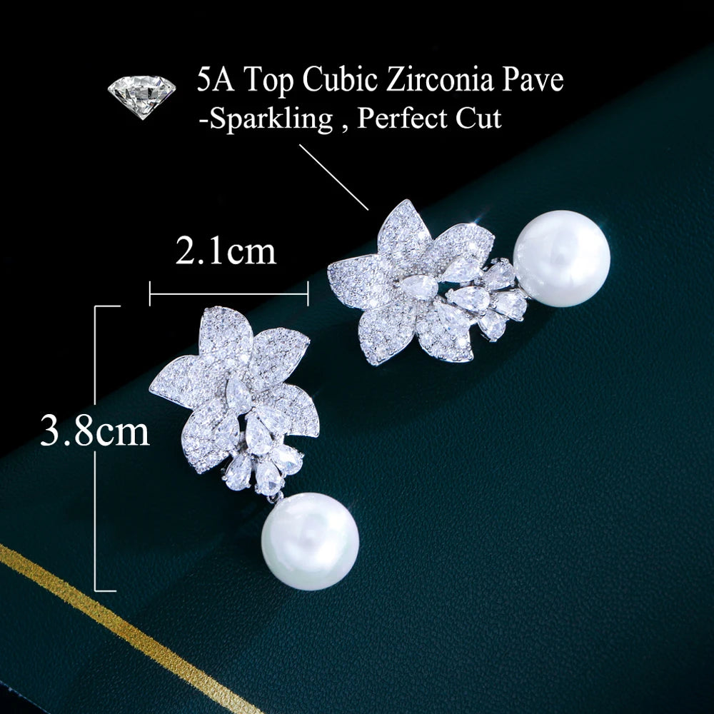 Pera Graceful Flower Charm White Cubic Zirconia Long Dangly Pearl Drop Earrings for Women Fashion Bridal Wedding Jewelry
