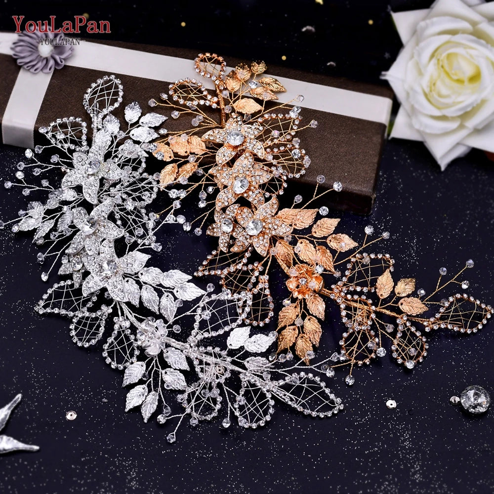 TOPQUEEN Bridal Side Clip Wedding Tiara Bridal Hairpins Handmade Rhinestone Women Headwear Alloy Flower Bride Headdress