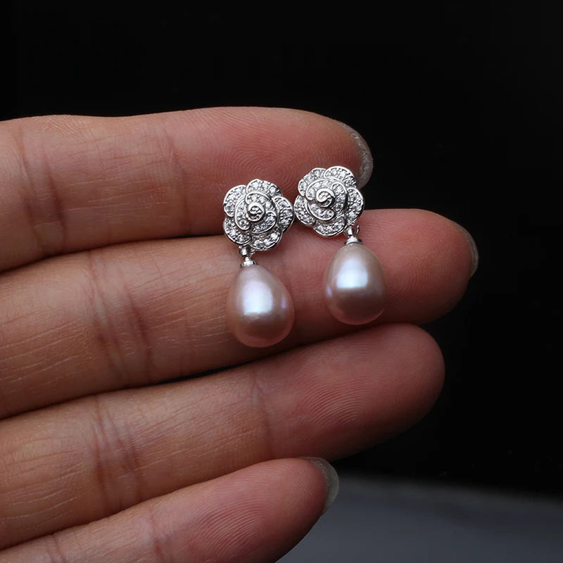 Vintage 925 Sterling Silver Flower Natural Freshwater Pearl Earrings For Women Jewelry Engagement Gift White Purple Black