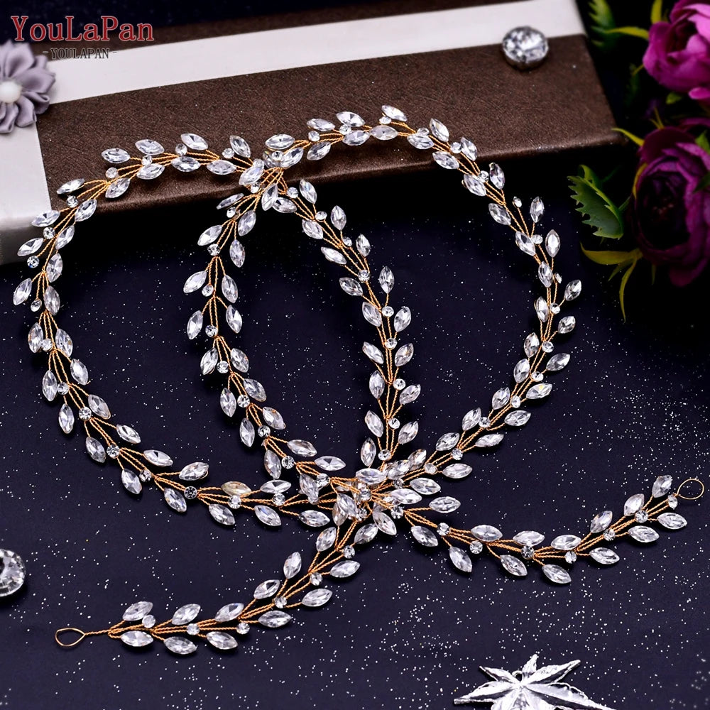 TOPQUEEN Handmade Wedding Hair Vine Silver Rhinestone Bridal Headband Long Women Headwear Wedding Party Hair Accessories