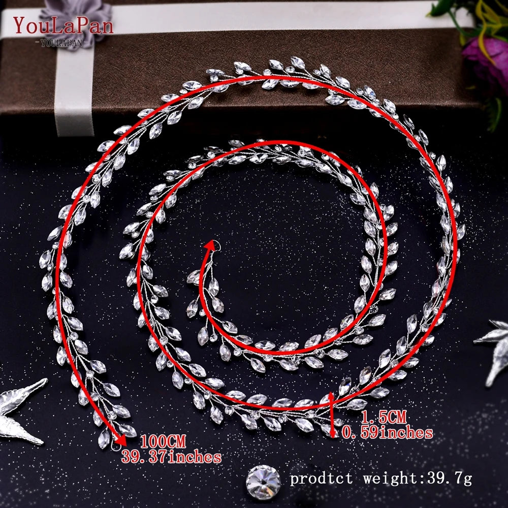 TOPQUEEN Handmade Wedding Hair Vine Silver Rhinestone Bridal Headband Long Women Headwear Wedding Party Hair Accessories