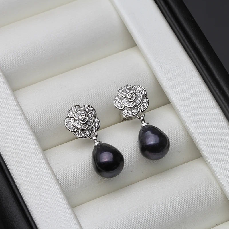 Vintage 925 Sterling Silver Flower Natural Freshwater Pearl Earrings For Women Jewelry Engagement Gift White Purple Black
