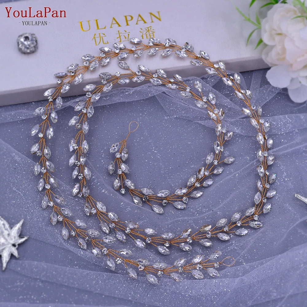 TOPQUEEN Handmade Wedding Hair Vine Silver Rhinestone Bridal Headband Long Women Headwear Wedding Party Hair Accessories