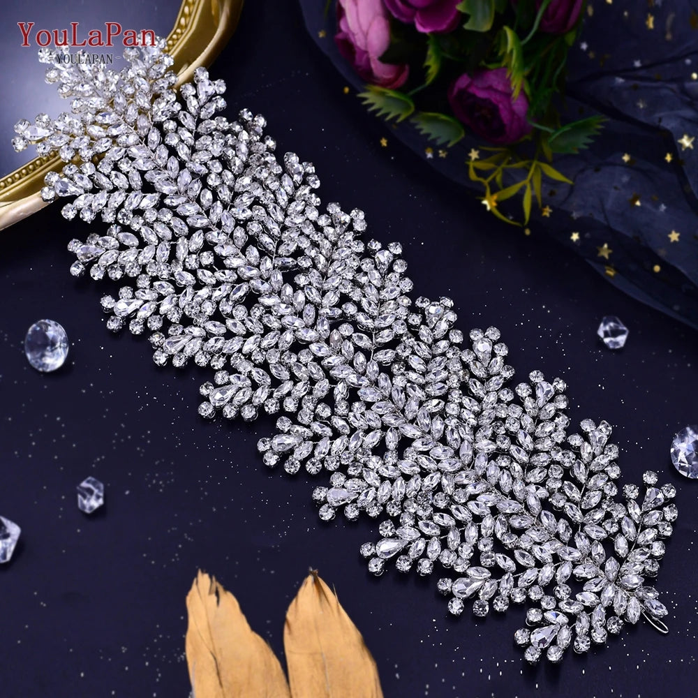 TOPQUEEN Gorgeous Bridal Headband Wedding Headdress Rhinestone Bride Tiara Wedding Hair Accessories Pageant Headpiece