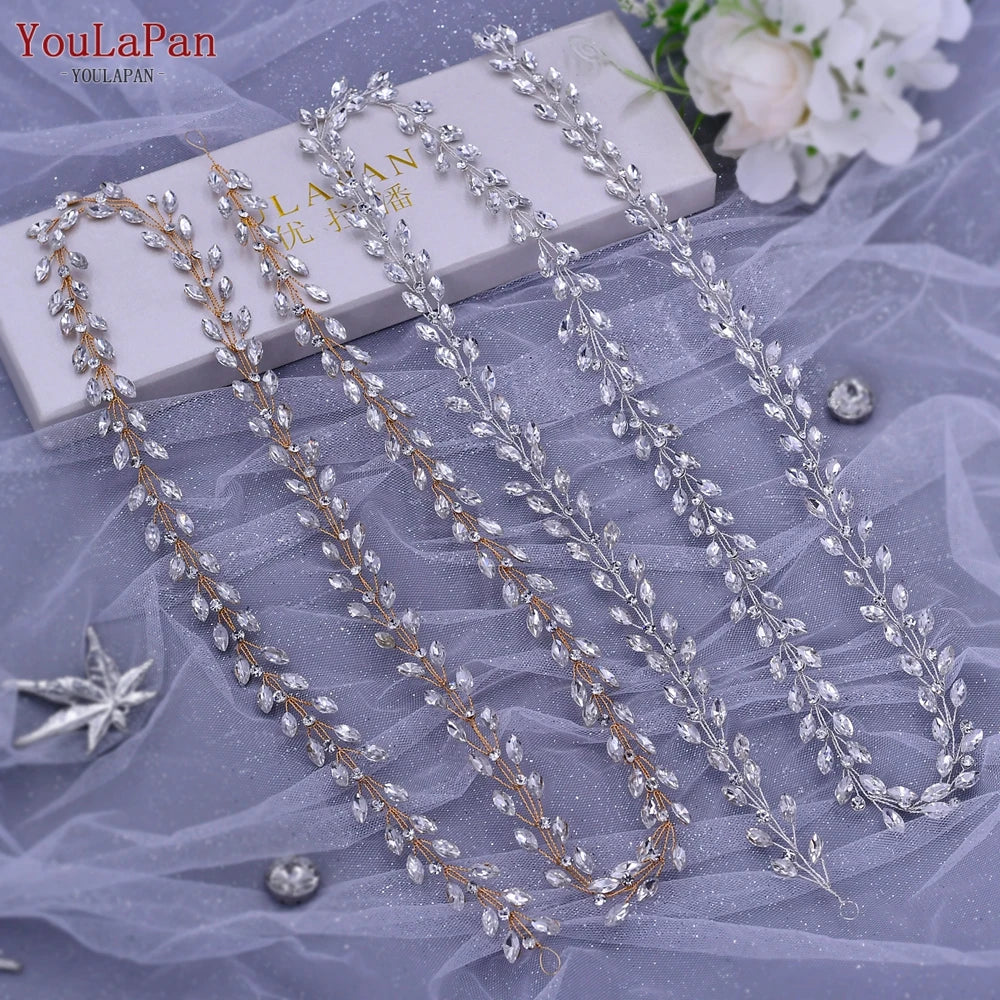 TOPQUEEN Handmade Wedding Hair Vine Silver Rhinestone Bridal Headband Long Women Headwear Wedding Party Hair Accessories