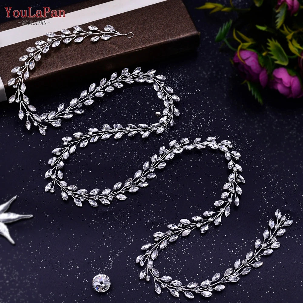 TOPQUEEN Handmade Wedding Hair Vine Silver Rhinestone Bridal Headband Long Women Headwear Wedding Party Hair Accessories