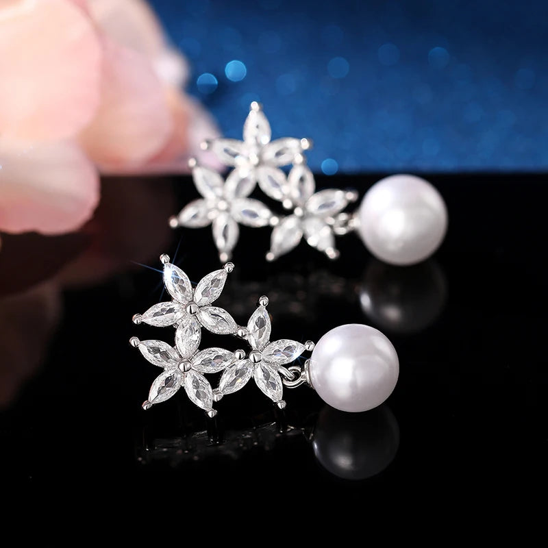 Huitan Luxury Imitation Pearl Drop Earrings Female Aesthetic Flower Accessories with Bright Zirconia Delicate Engagement Jewelry