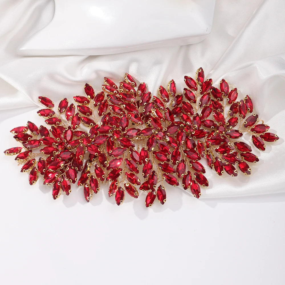 Green Rhinestone Bridal Hair Comb Headpiece Red Handmade Wedding Hair Accessories Party Jewelry Tiara for Women Girls Headdress