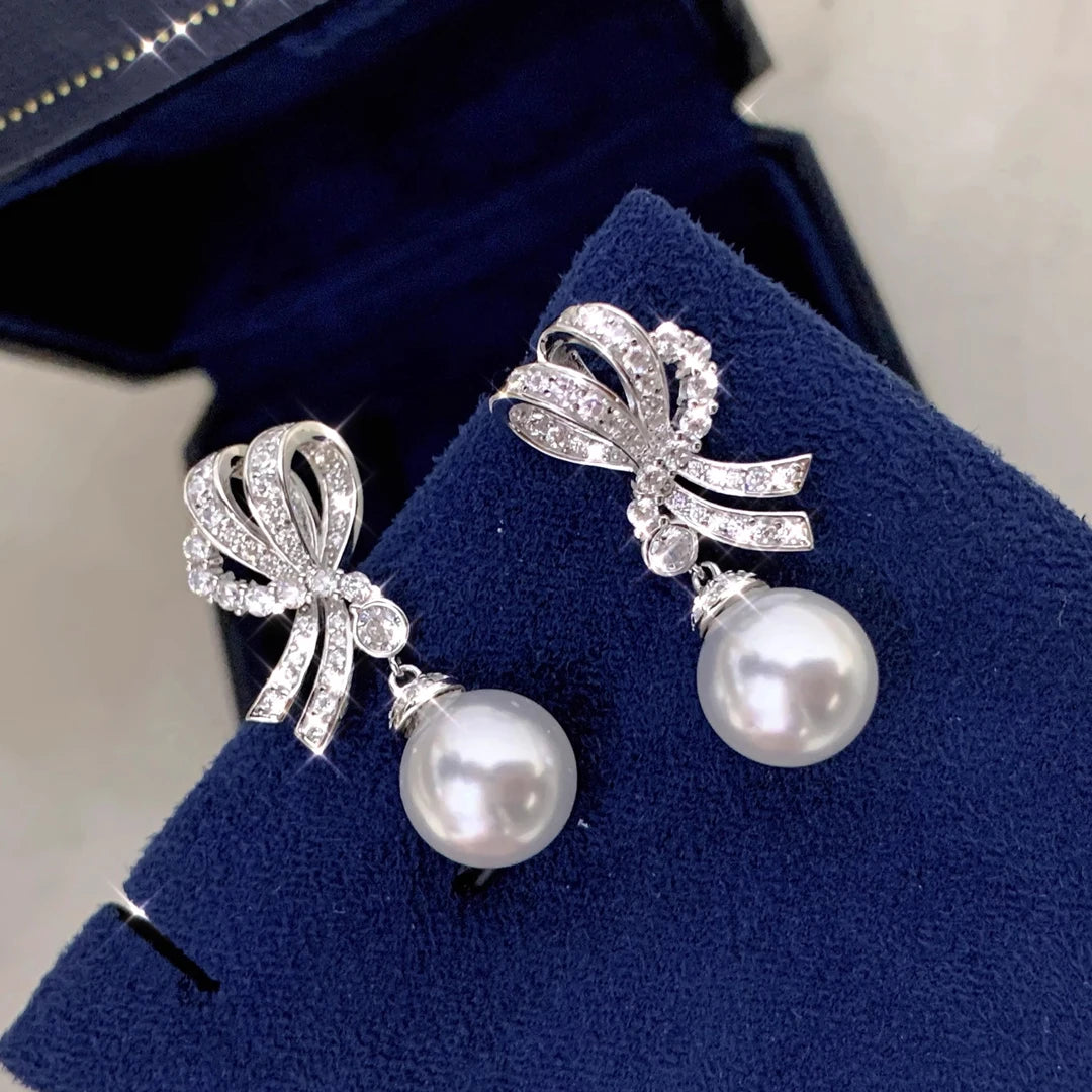 MeiBaPJ 9mm Natural Round Pearls Fashion Bow Drop Earrings 925 Silver Fine Wedding Jewelry for Women