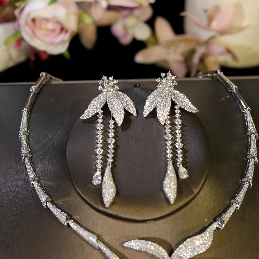 Luxury Wedding Party Zircon Flower Necklace Set Bridal Jewelry Women conjunto collar y pendientes conjuntos femininos elegantes