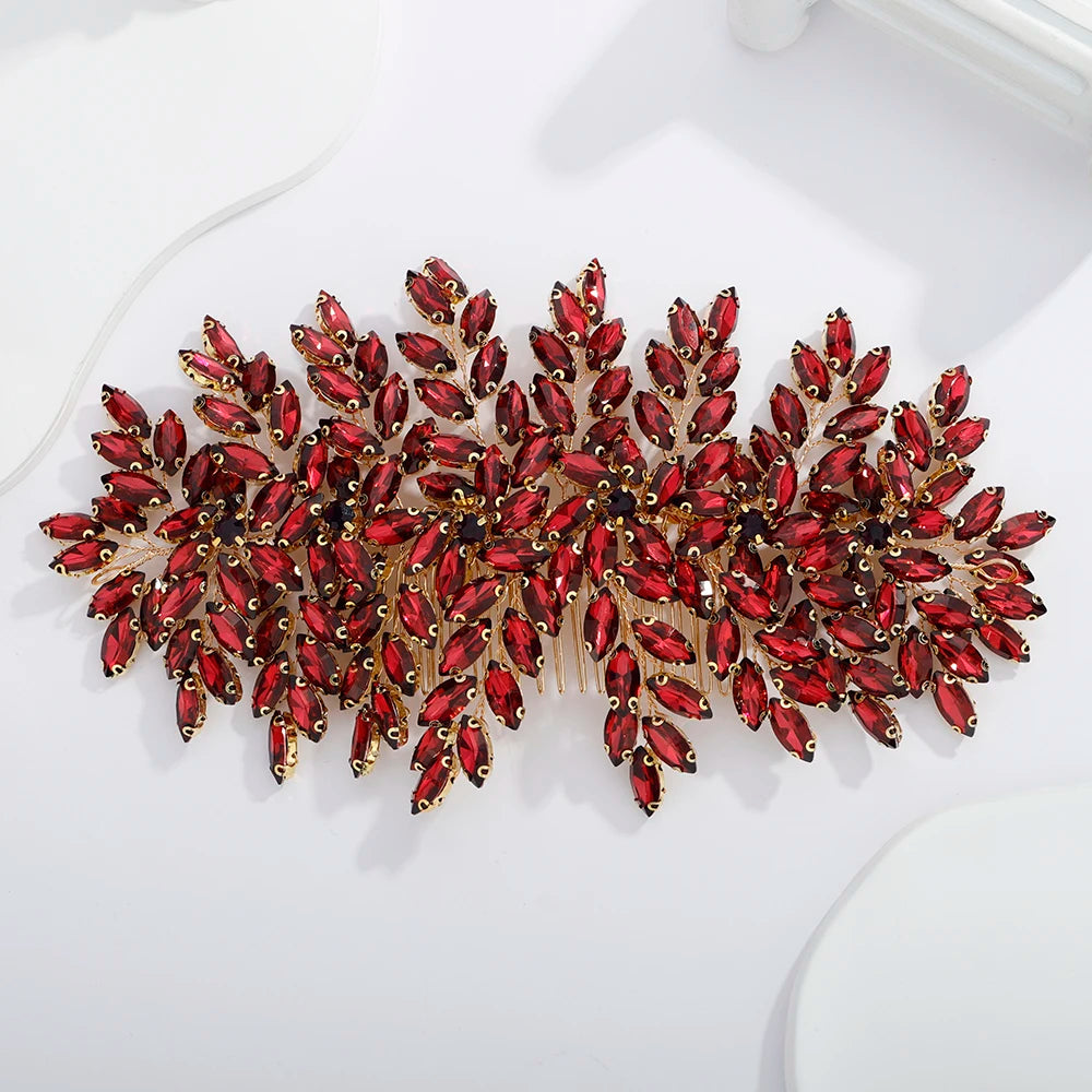 Green Rhinestone Bridal Hair Comb Headpiece Red Handmade Wedding Hair Accessories Party Jewelry Tiara for Women Girls Headdress