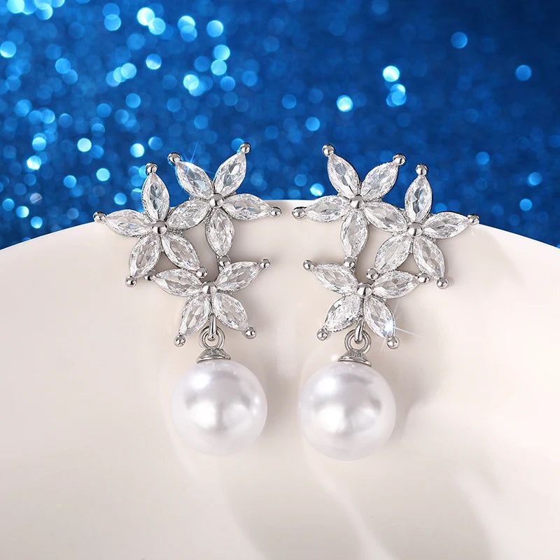 Huitan Luxury Imitation Pearl Drop Earrings Female Aesthetic Flower Accessories with Bright Zirconia Delicate Engagement Jewelry