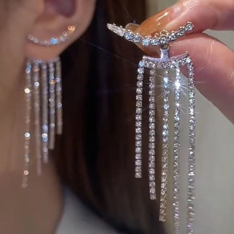 Luxury Women's Earrings Rhinestone Fringe Hanging Zircon Earrings New Shiny Wedding Statement Party Fashion Jewelry Gifts 2024