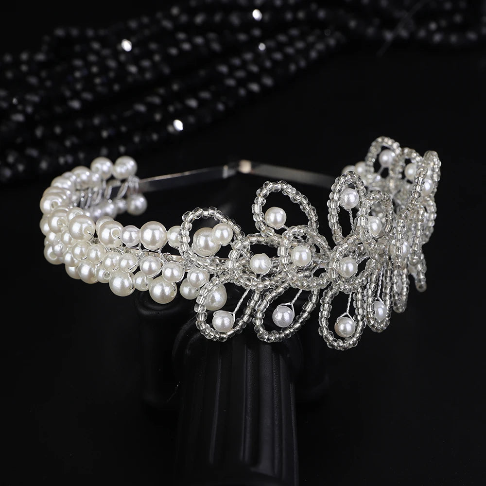 Handmade Wedding Luxury Tiara Princess Crowns Bridal Pearl Headband Costume Hair Accessories For Women Crystal bead Head Jewelry