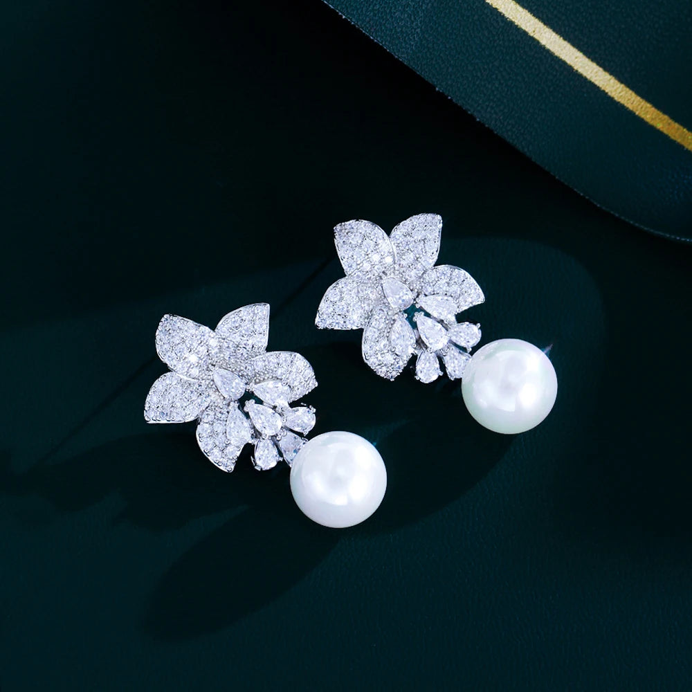 Pera Graceful Flower Charm White Cubic Zirconia Long Dangly Pearl Drop Earrings for Women Fashion Bridal Wedding Jewelry