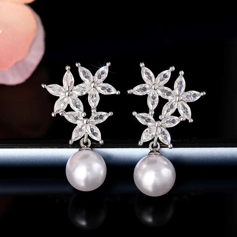 Huitan Luxury Imitation Pearl Drop Earrings Female Aesthetic Flower Accessories with Bright Zirconia Delicate Engagement Jewelry