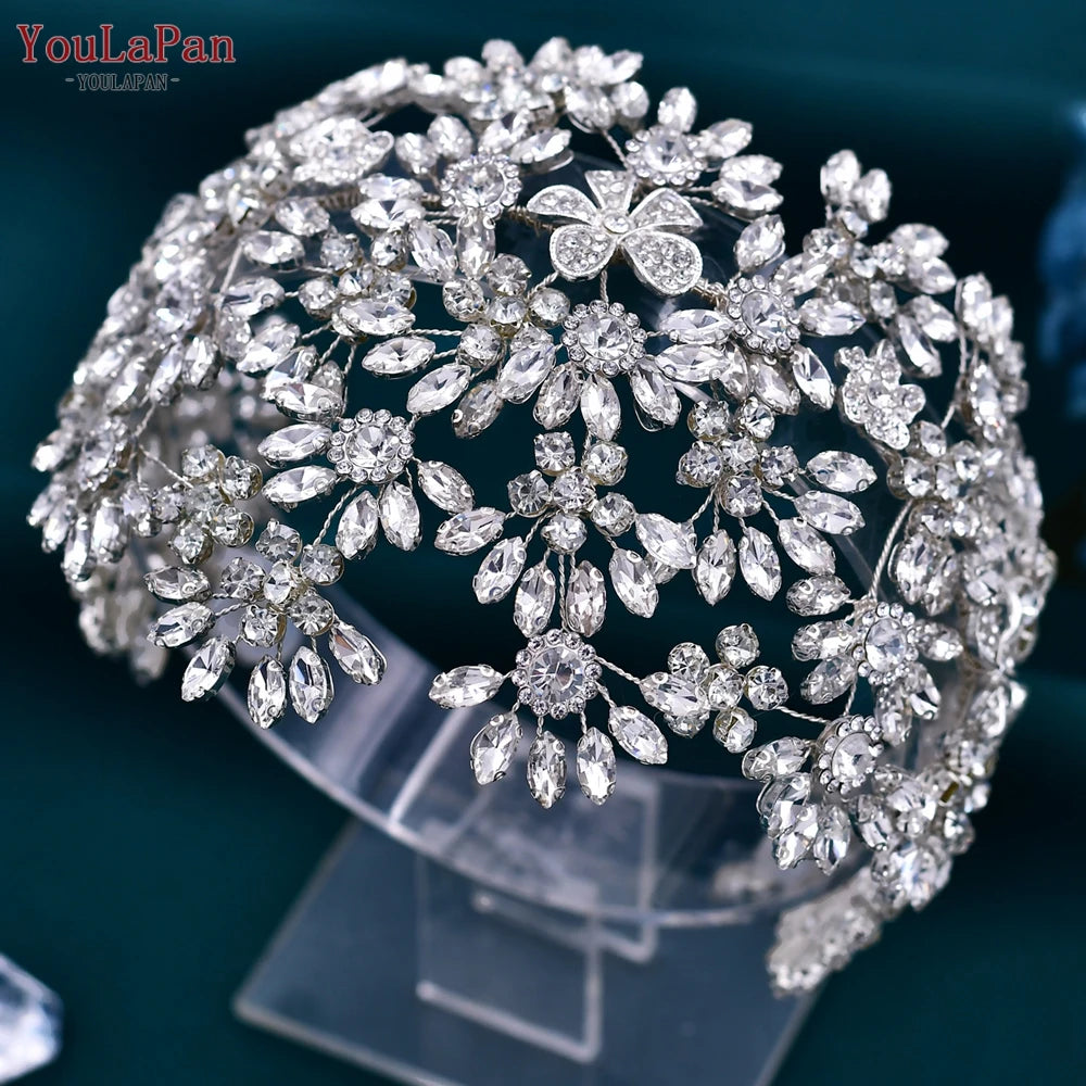 TOPQUEEN Bridal Headband Wedding Tiara Handmade Woman Hair Ornaments Jewelry Bride Hair Accessories Rhinestone Headdress