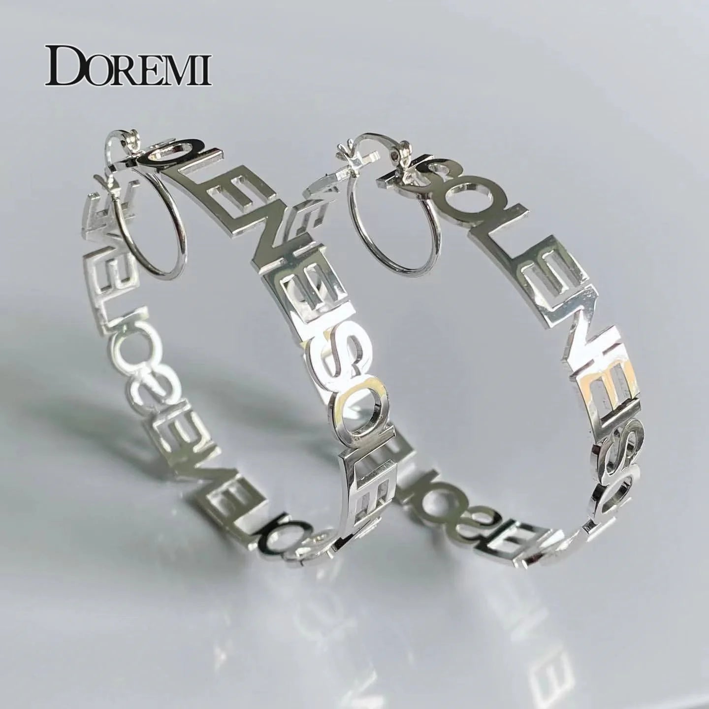 DOREMI 70mm Letter Bamboo Earrings U Shaped Clasp Stainless Personalizd Name Hoops Customized Name Hoop Earring for Women Gift