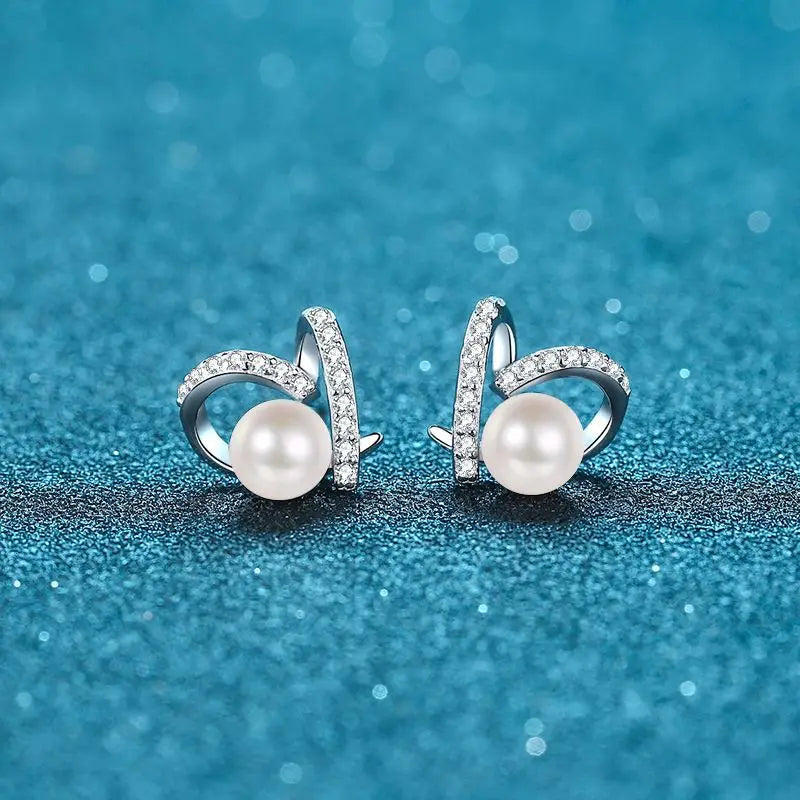 S925 Sterling Silver Heart-shaped Flawless Freshwater 7mm Pearl Moissanite Earrings for Women