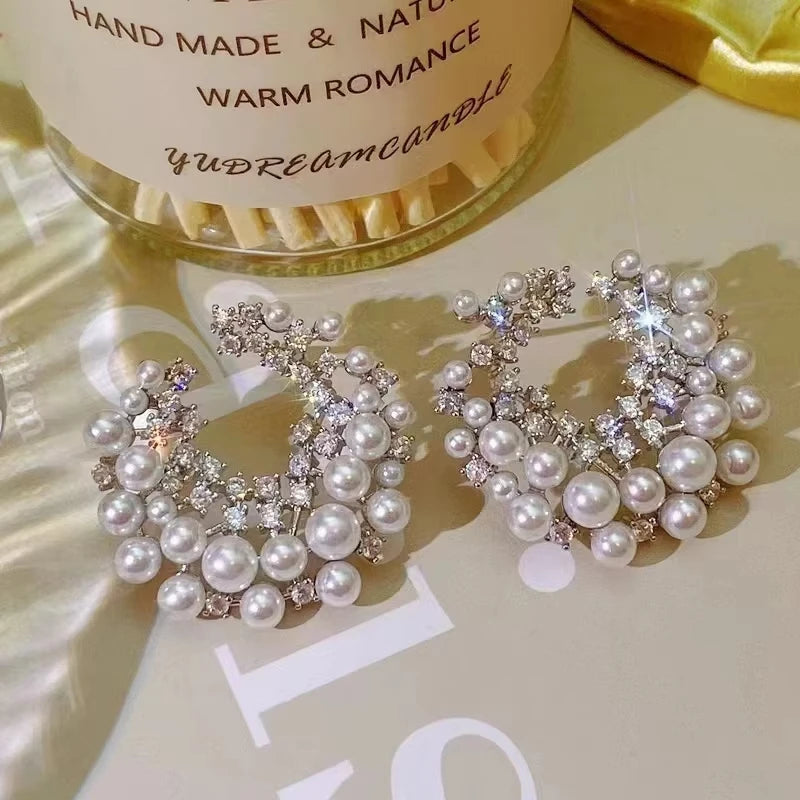 FTCY Vintage Imitation Pearl Stud Earrings for Women Geometric C-Shape Irregular Big Pearl Hoop Earrings Women's Party Jewelry