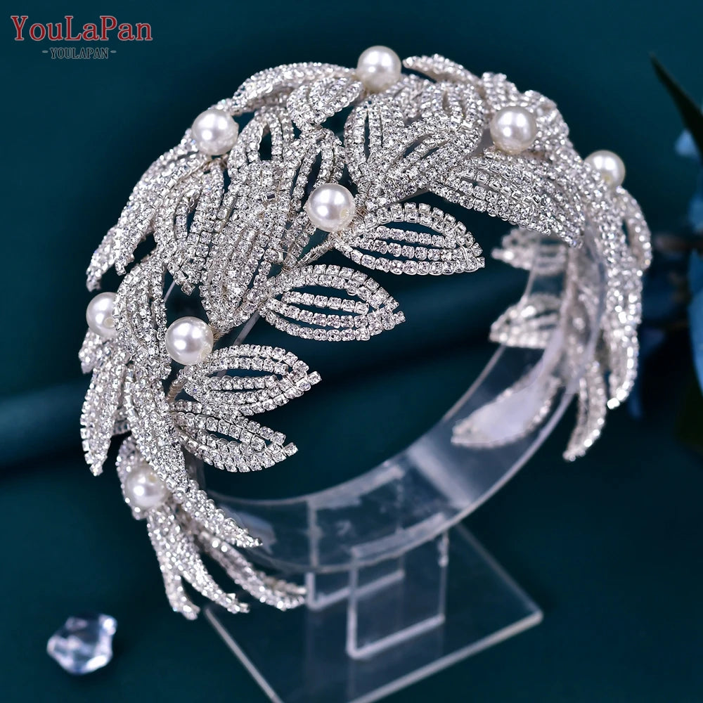 TOPQUEEN Wedding Headband Leaf Bridal Headpiece Woman Hair Accessories Jewelry Handmade Bride Headdress Pageant Tiara