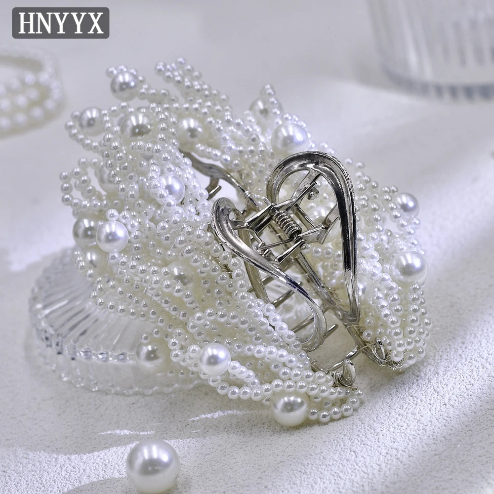 HNYYX Pearl Wide Hair Hoop Korean Popular Headband Alloy Double Row Hairband Party Fashion Hair Accessories