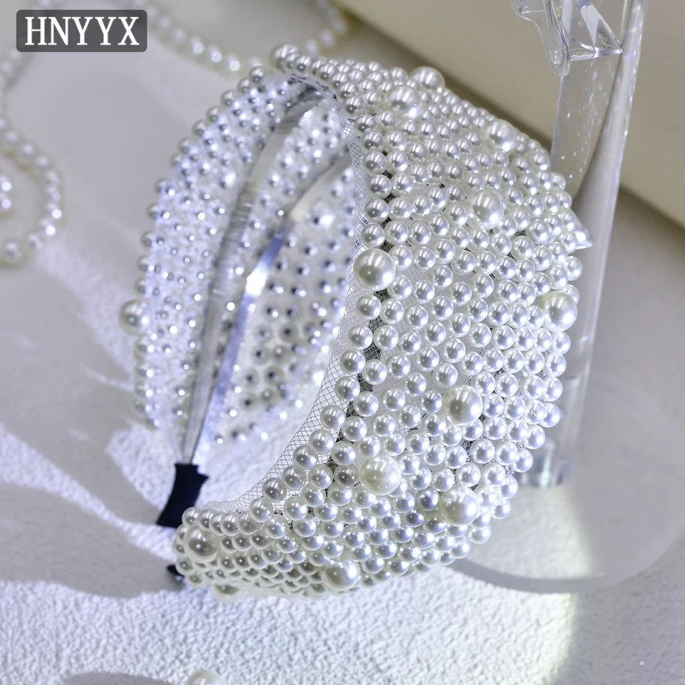 HNYYX Pearl Wide Hair Hoop Korean Popular Headband Alloy Double Row Hairband Party Fashion Hair Accessories