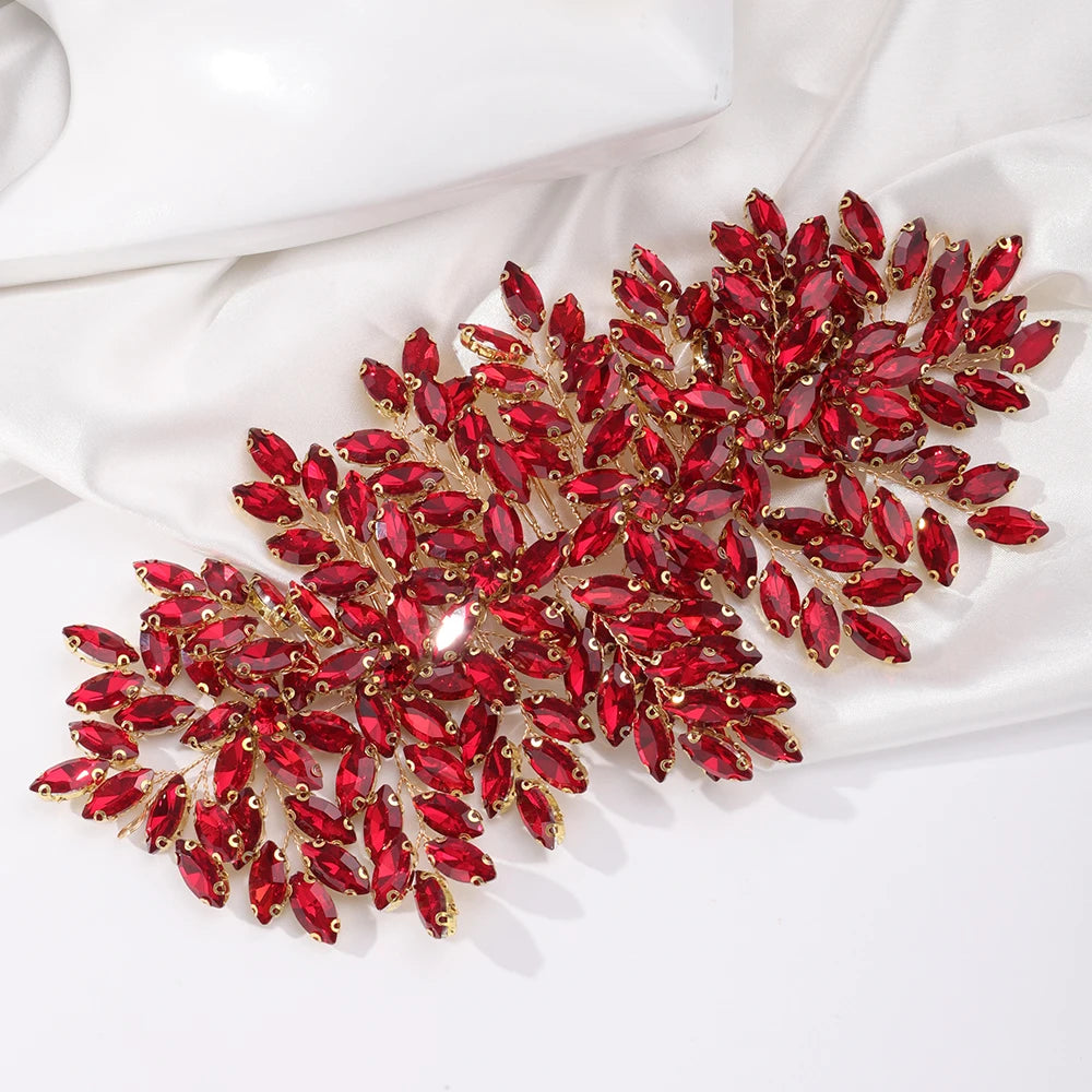 Green Rhinestone Bridal Hair Comb Headpiece Red Handmade Wedding Hair Accessories Party Jewelry Tiara for Women Girls Headdress