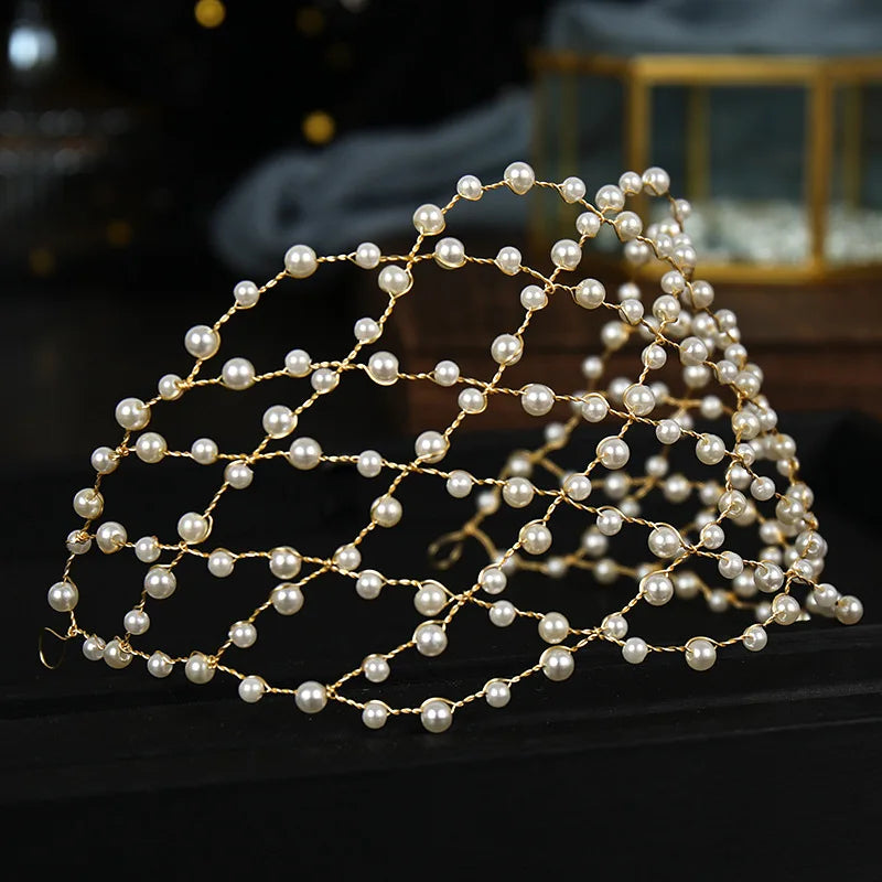 Luxury Pearl Headband Tiara For Women Bride Party Bridal Wedding Hair Accessories Jewelry Vine Headband Tiara Gift