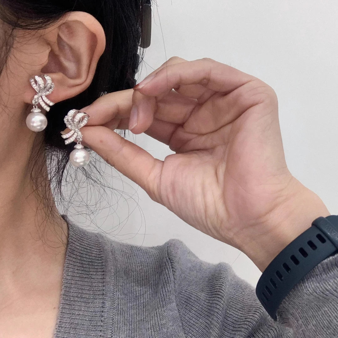 MeiBaPJ 9mm Natural Round Pearls Fashion Bow Drop Earrings 925 Silver Fine Wedding Jewelry for Women