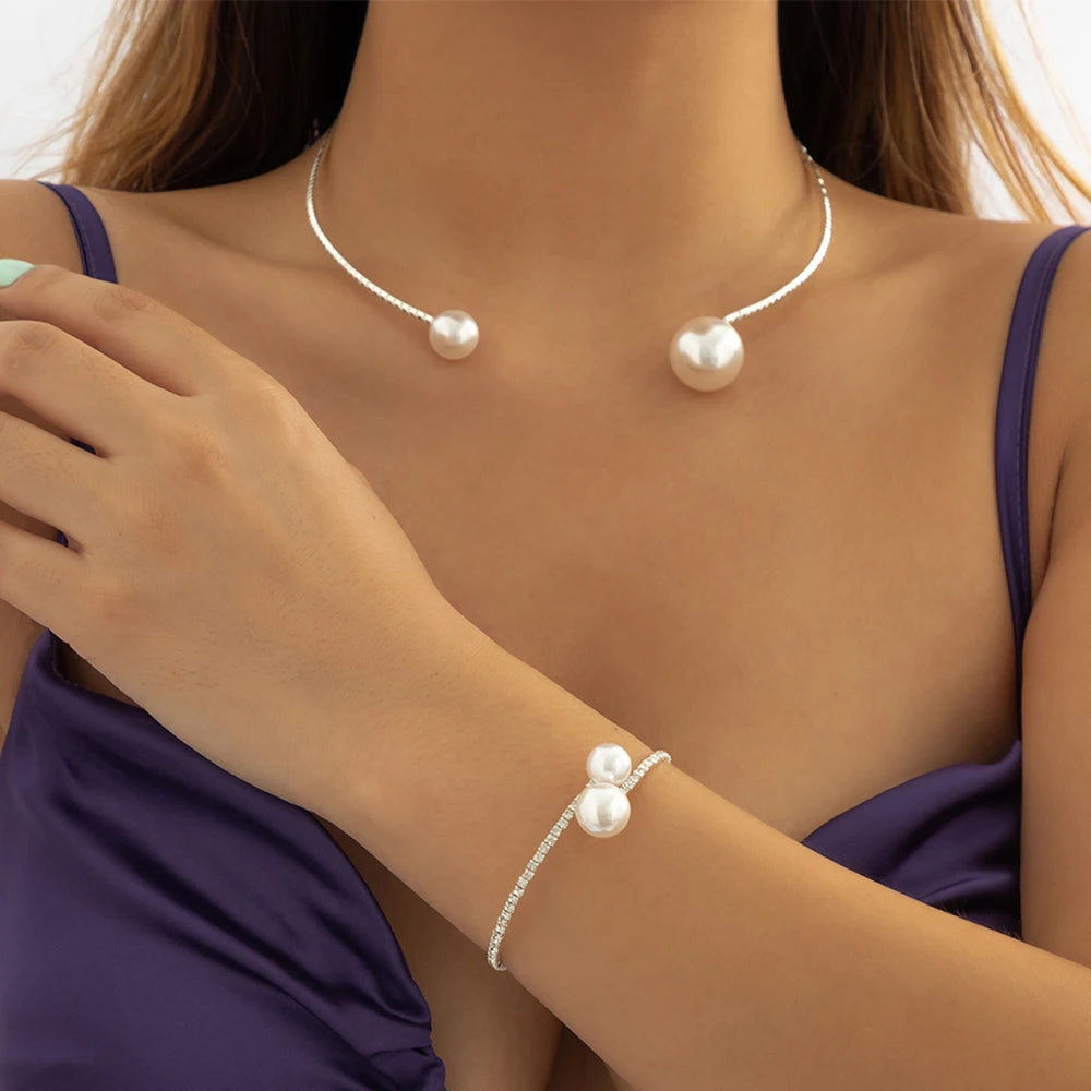 Lacteo Simple Imitation Pearl Necklace Bracelet Jewelry Sets for Women Ladies Silver Color Full Rhinestone Choker Fashion Gifts