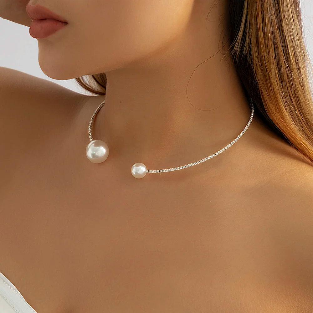 Lacteo Simple Imitation Pearl Necklace Bracelet Jewelry Sets for Women Ladies Silver Color Full Rhinestone Choker Fashion Gifts