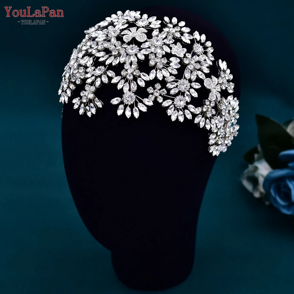 TOPQUEEN Bridal Headband Wedding Tiara Handmade Woman Hair Ornaments Jewelry Bride Hair Accessories Rhinestone Headdress