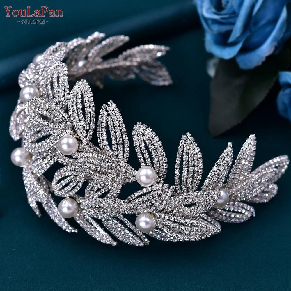 TOPQUEEN Wedding Headband Leaf Bridal Headpiece Woman Hair Accessories Jewelry Handmade Bride Headdress Pageant Tiara