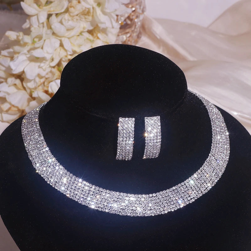 Sparkling Rhinestone Necklace Earrings Set for Women Silver Color Elegant Crystal Choker Necklace Bridal Wedding Jewelry Set