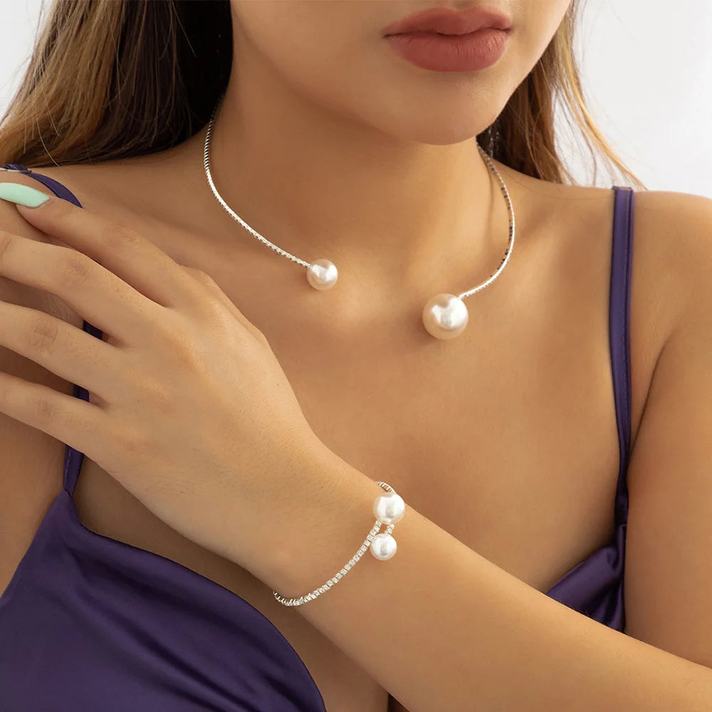 Lacteo Simple Imitation Pearl Necklace Bracelet Jewelry Sets for Women Ladies Silver Color Full Rhinestone Choker Fashion Gifts