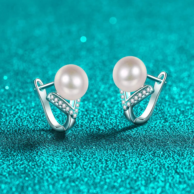 S925 Pure Silver Natural Freshwater 8mm Pearl Moissanite Party Earrings for Women