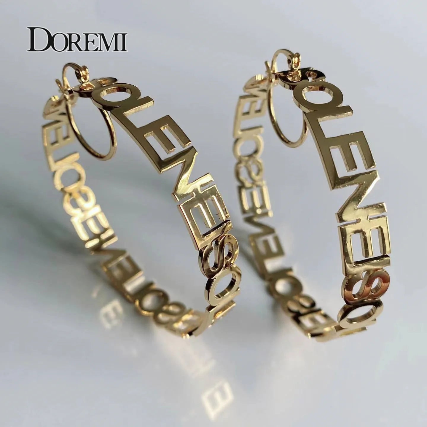 DOREMI 70mm Letter Bamboo Earrings U Shaped Clasp Stainless Personalizd Name Hoops Customized Name Hoop Earring for Women Gift