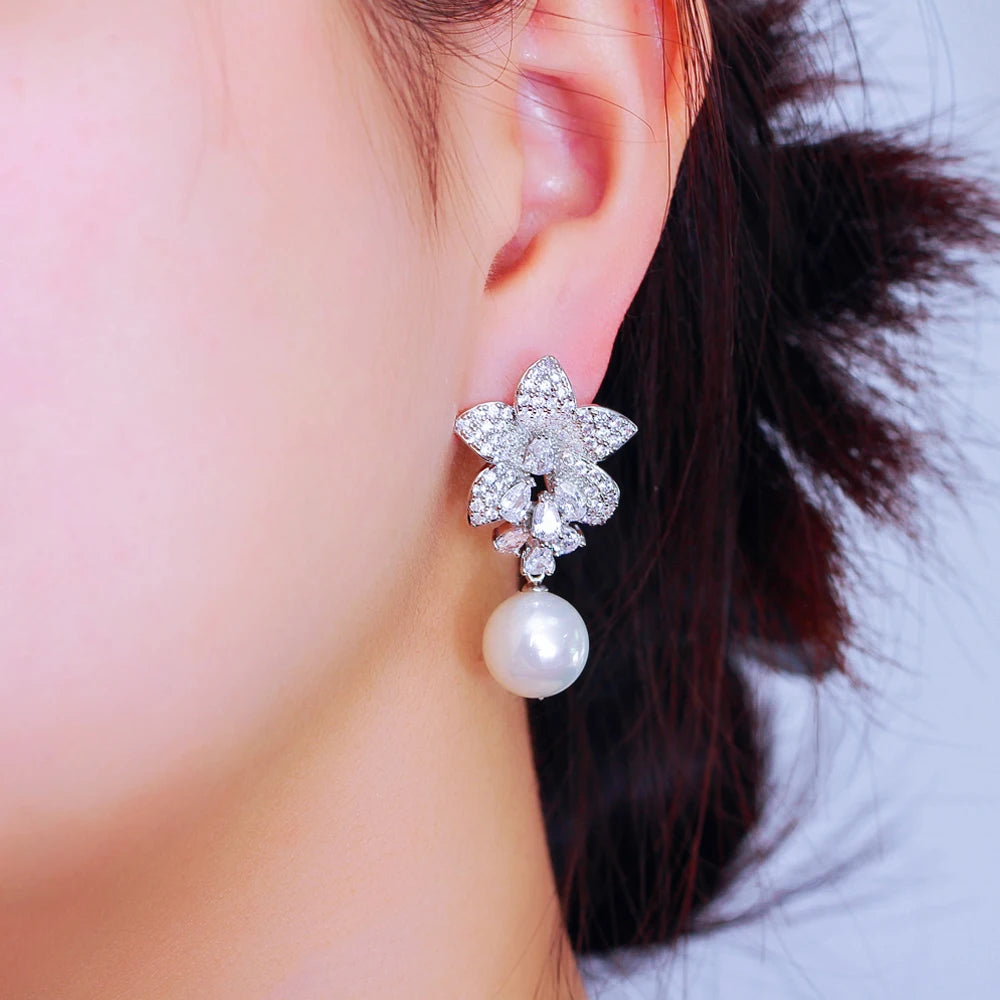 Pera Graceful Flower Charm White Cubic Zirconia Long Dangly Pearl Drop Earrings for Women Fashion Bridal Wedding Jewelry