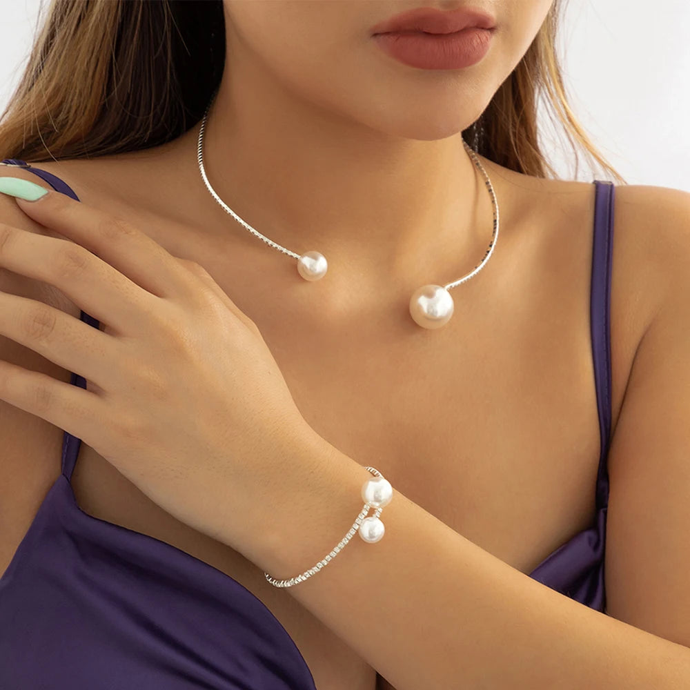 Lacteo Simple Imitation Pearl Necklace Bracelet Jewelry Sets for Women Ladies Silver Color Full Rhinestone Choker Fashion Gifts