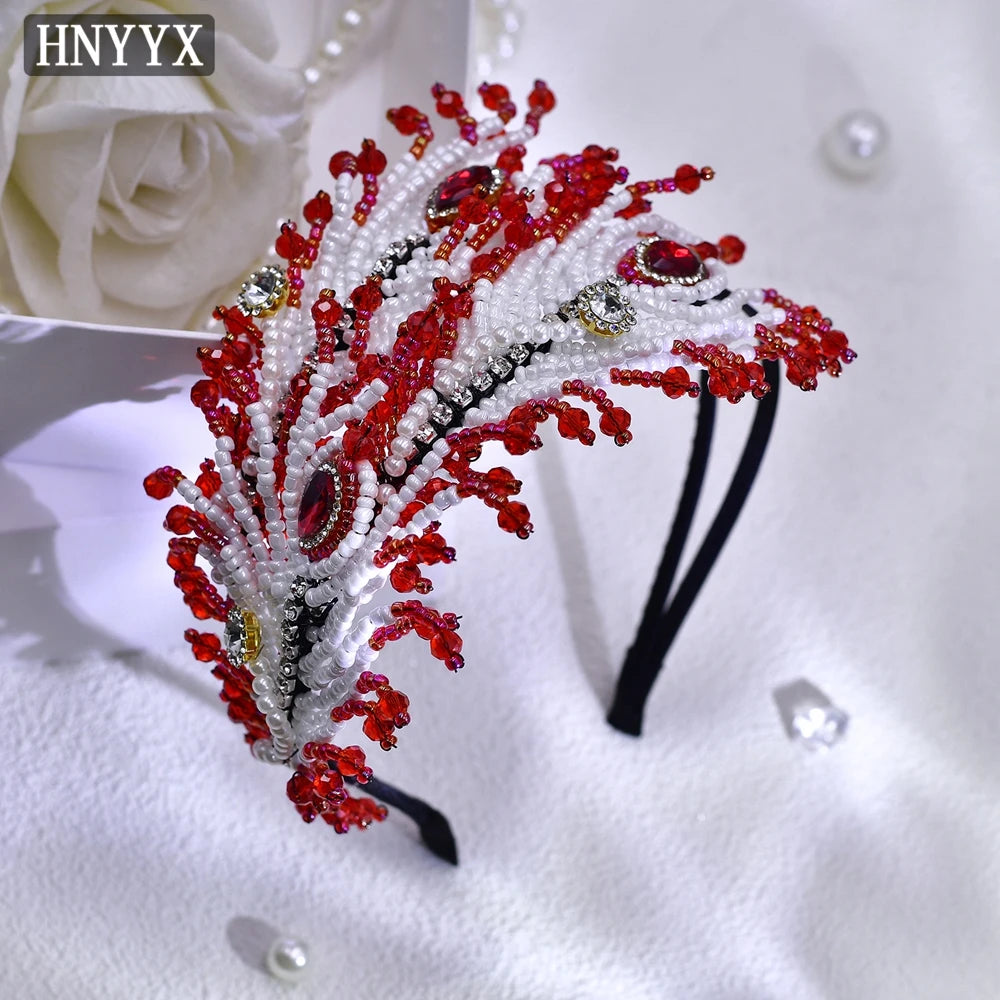 HNYYX Pearl Wide Hair Hoop Korean Popular Headband Alloy Double Row Hairband Party Fashion Hair Accessories