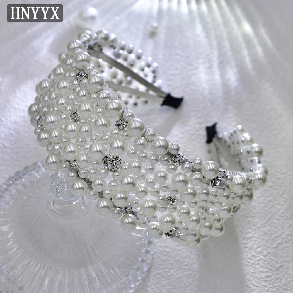HNYYX Pearl Wide Hair Hoop Korean Popular Headband Alloy Double Row Hairband Party Fashion Hair Accessories