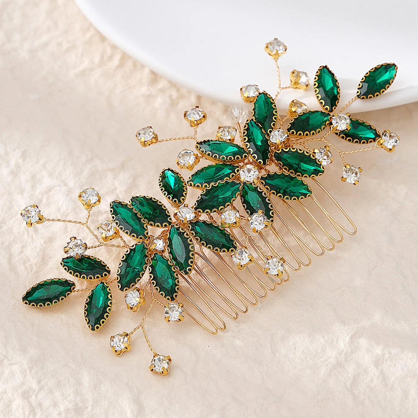 Green Crystal Hair Comb Wedding Bride Handmade Hair Jewelry Beads Headpiece Gliter Rhinestone Hair Accessories Fancy Hair Decor