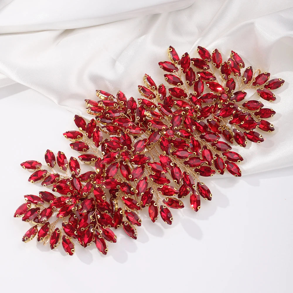 Green Rhinestone Bridal Hair Comb Headpiece Red Handmade Wedding Hair Accessories Party Jewelry Tiara for Women Girls Headdress