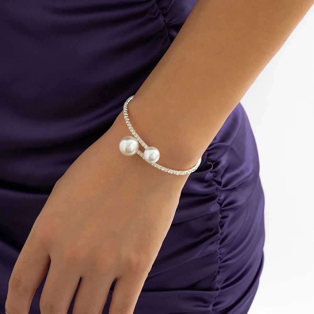 Lacteo Simple Imitation Pearl Necklace Bracelet Jewelry Sets for Women Ladies Silver Color Full Rhinestone Choker Fashion Gifts