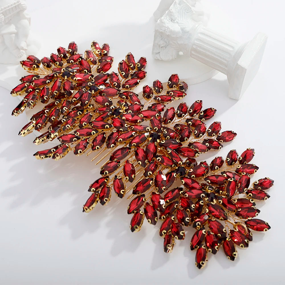 Green Rhinestone Bridal Hair Comb Headpiece Red Handmade Wedding Hair Accessories Party Jewelry Tiara for Women Girls Headdress