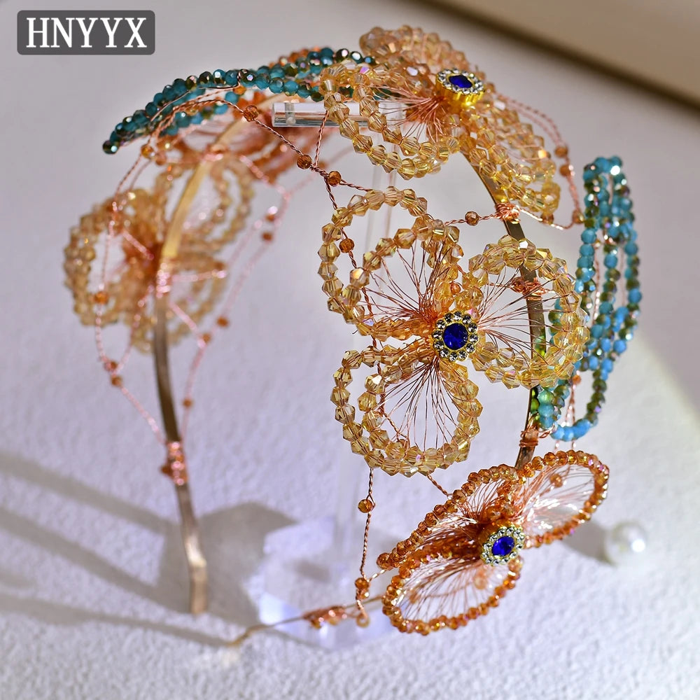 HNYYX Pearl Wide Hair Hoop Korean Popular Headband Alloy Double Row Hairband Party Fashion Hair Accessories
