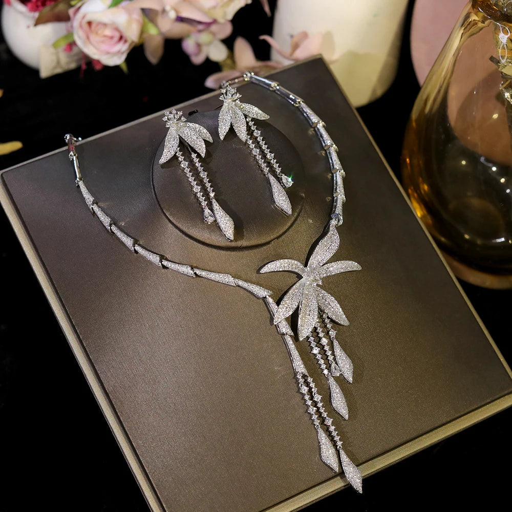Luxury Wedding Party Zircon Flower Necklace Set Bridal Jewelry Women conjunto collar y pendientes conjuntos femininos elegantes